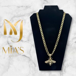 14k 24-Inch Thick Cuban Chain with Large Diamond Bee Pendant