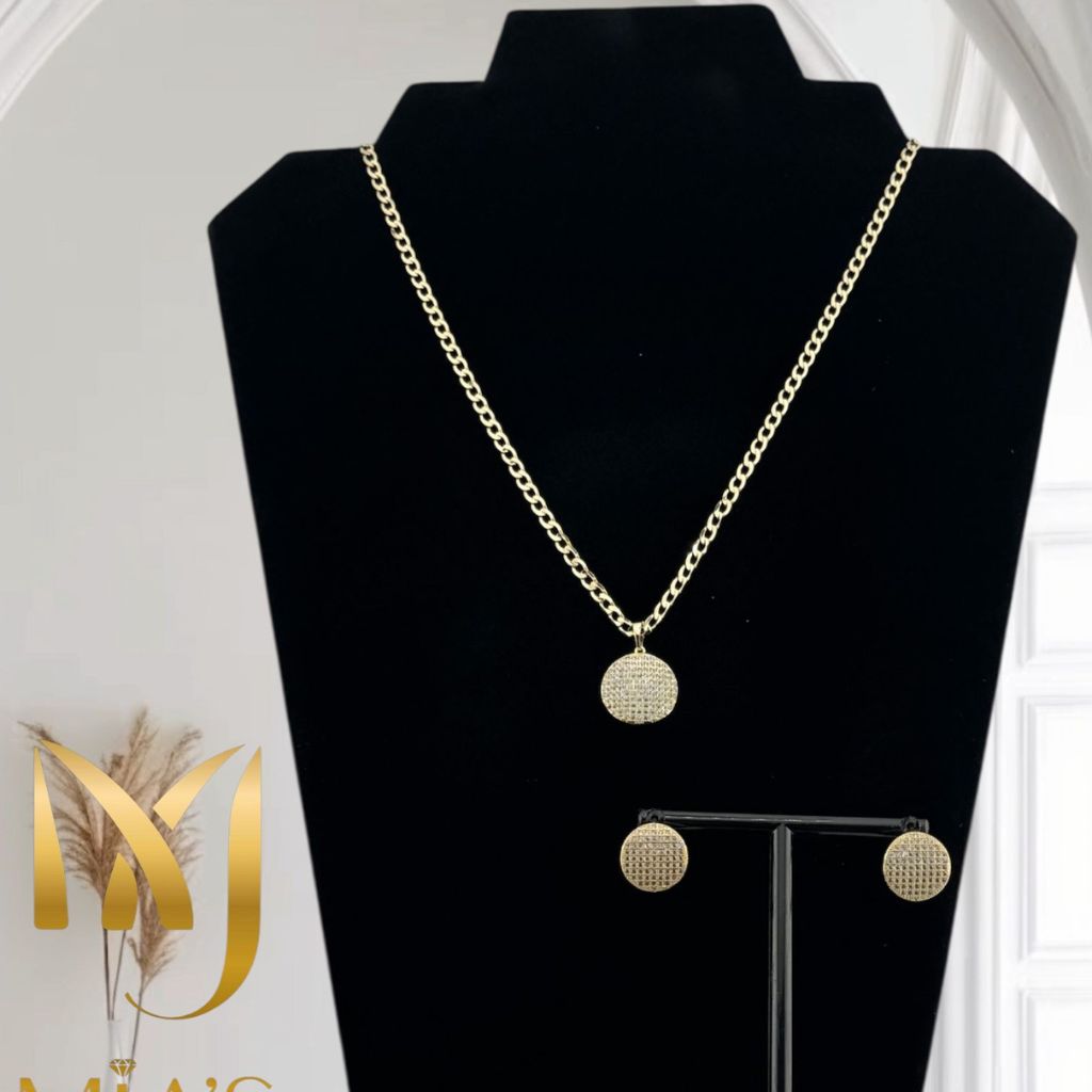 14k Cuban Chain Set 22 with Diamond-Cut Pendant and Earrings