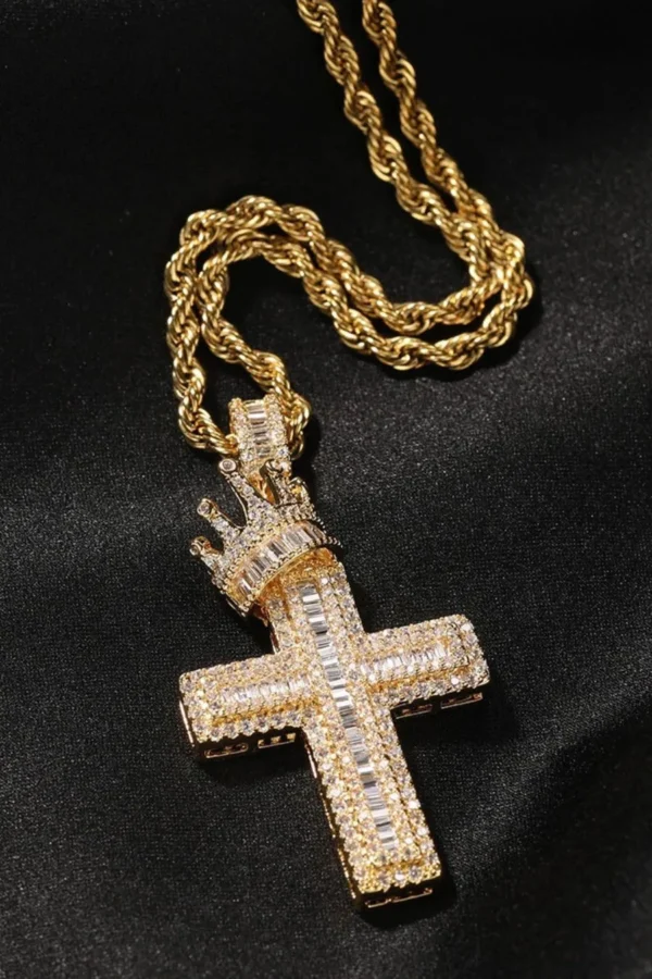 Iced-Out Crowned Cross Necklace Rope Chain | Mia's Jewelry